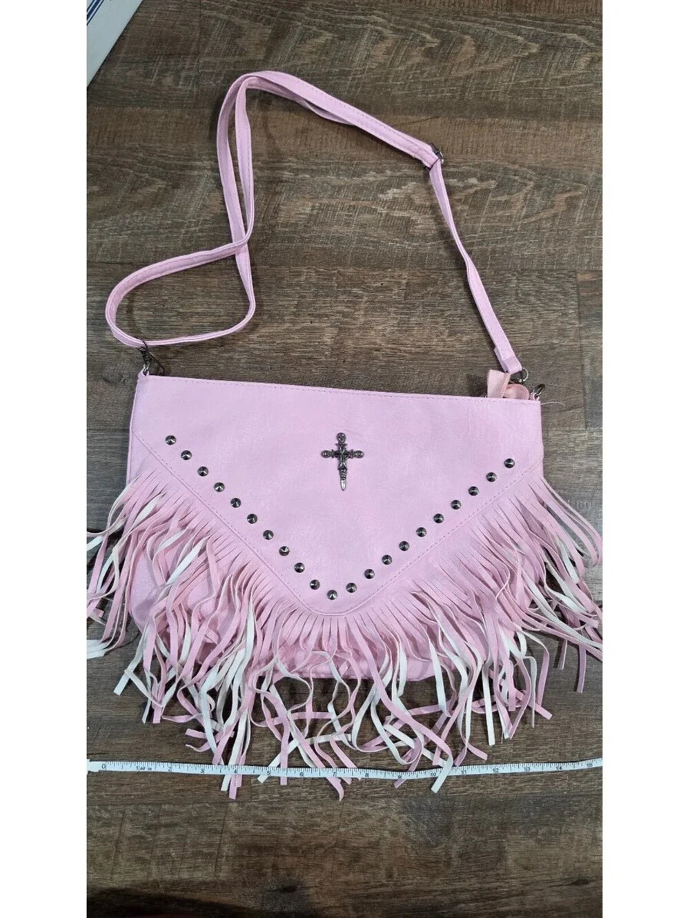 Pink Faux Leather Fringe Crossbody Bag with Studded Detail